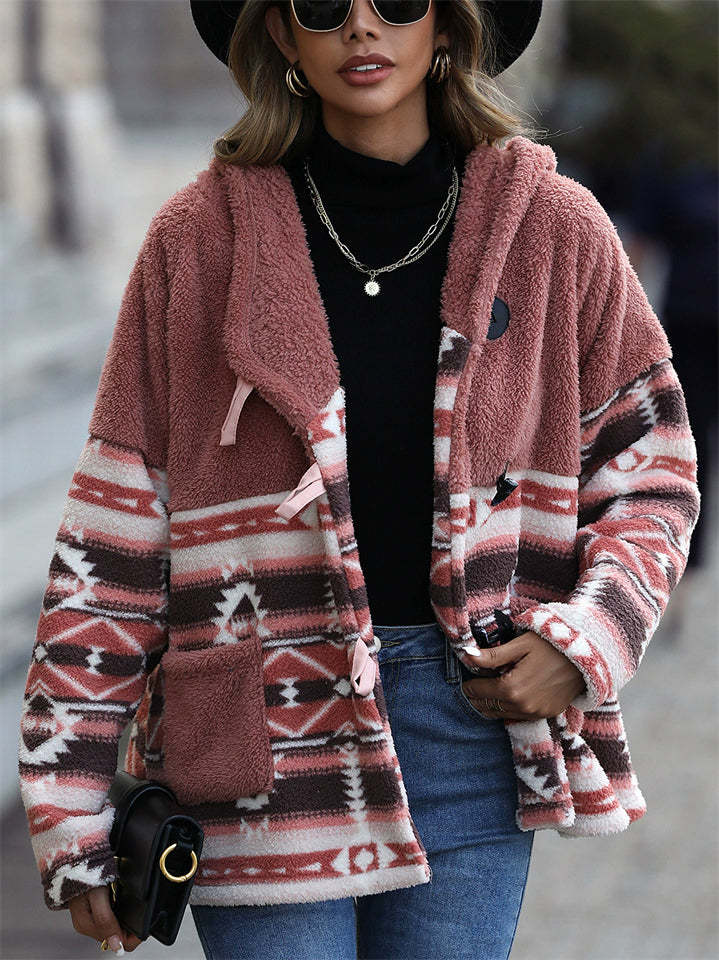 Female's Autumn Contrast Color Printed Patchwork Hooded Fleece Coats