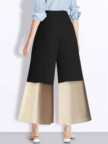Trendy High Waist Contrast Color Pleated Wide Leg Pants for Women