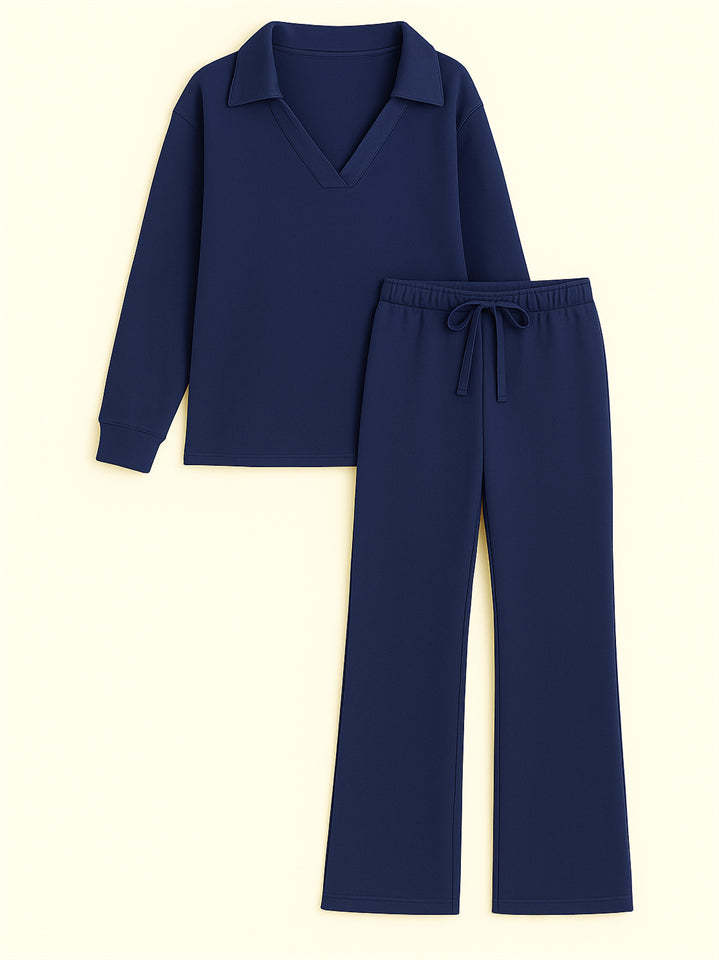 Women's 2Pcs Autumn Casual Solid Color  V Neck Lapel Long Sleeve Outfit