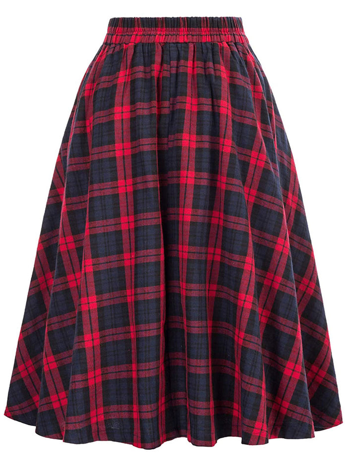 Women's Vintage Autumn High Waist Big Hem Plaid Skirts