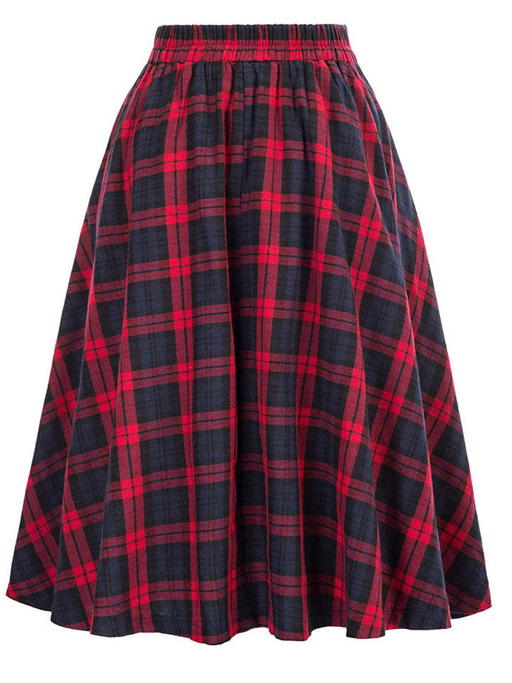 Women's Vintage Autumn High Waist Big Hem Plaid Skirts