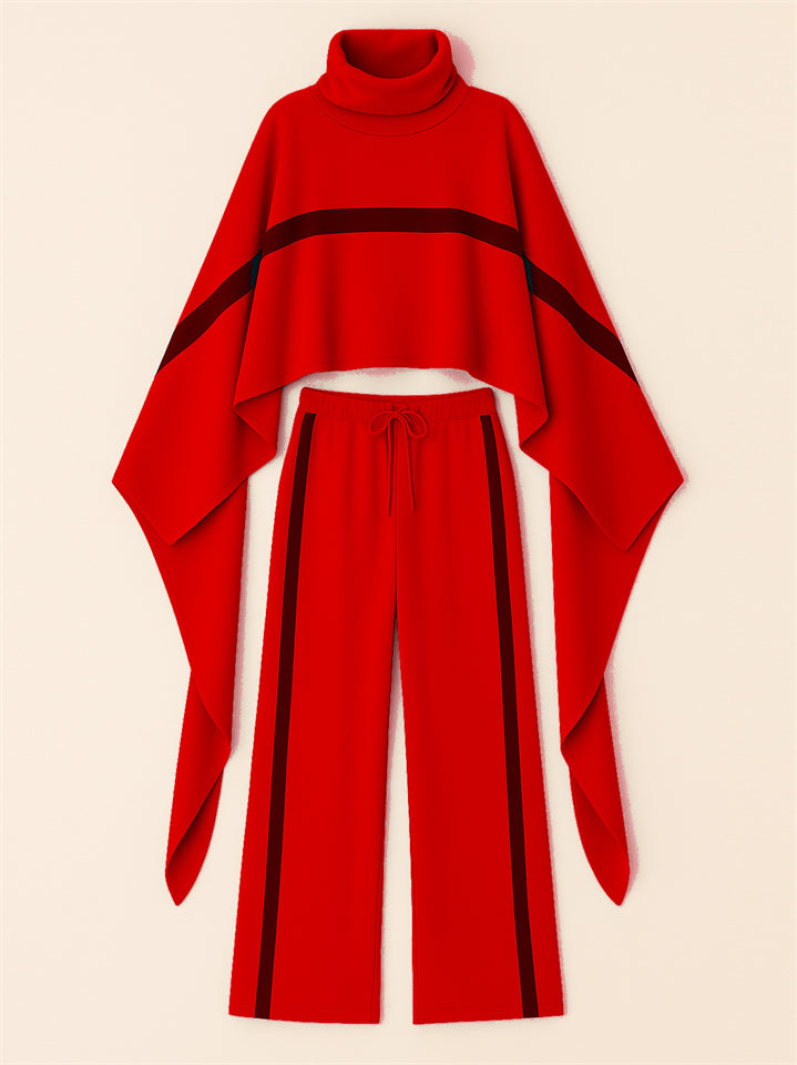 Ladies' Trendy Turtleneck Raglan Sleeves Striped Color Block Cape and Pants Set