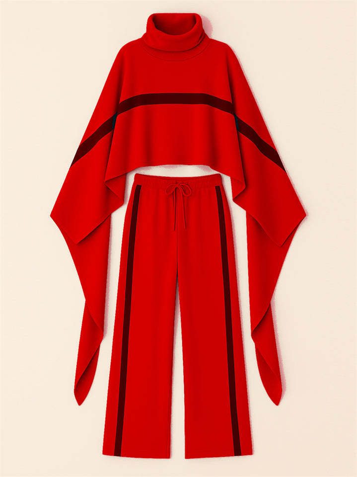 Ladies' Trendy Turtleneck Raglan Sleeves Striped Color Block Cape and Pants Set