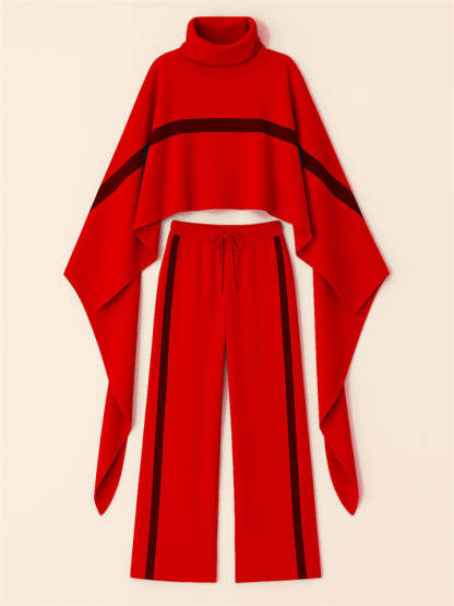 Ladies' Trendy Turtleneck Raglan Sleeves Striped Color Block Cape and Pants Set