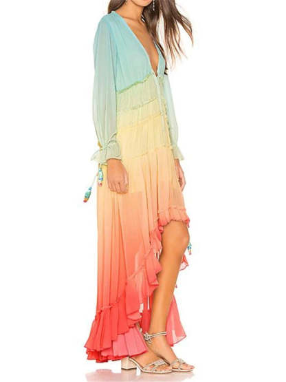 Women's Holiday Style V-Neck Gradient Color Elegant Maxi Dress