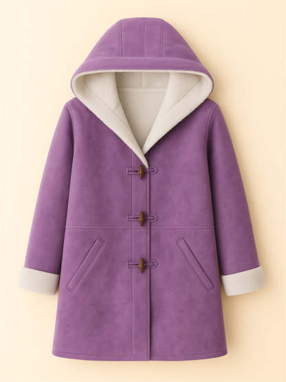 Autumn Simple Solid Color Fleece Lining Horn Buckle Hooded Coats