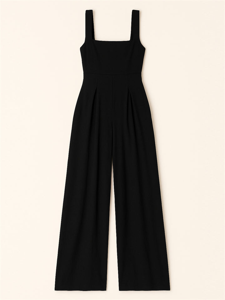 Ladies' Square Neck Solid Color Sleeveless Wide Leg Jumpsuit