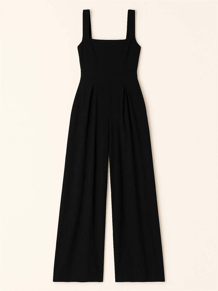 Ladies' Square Neck Solid Color Sleeveless Wide Leg Jumpsuit