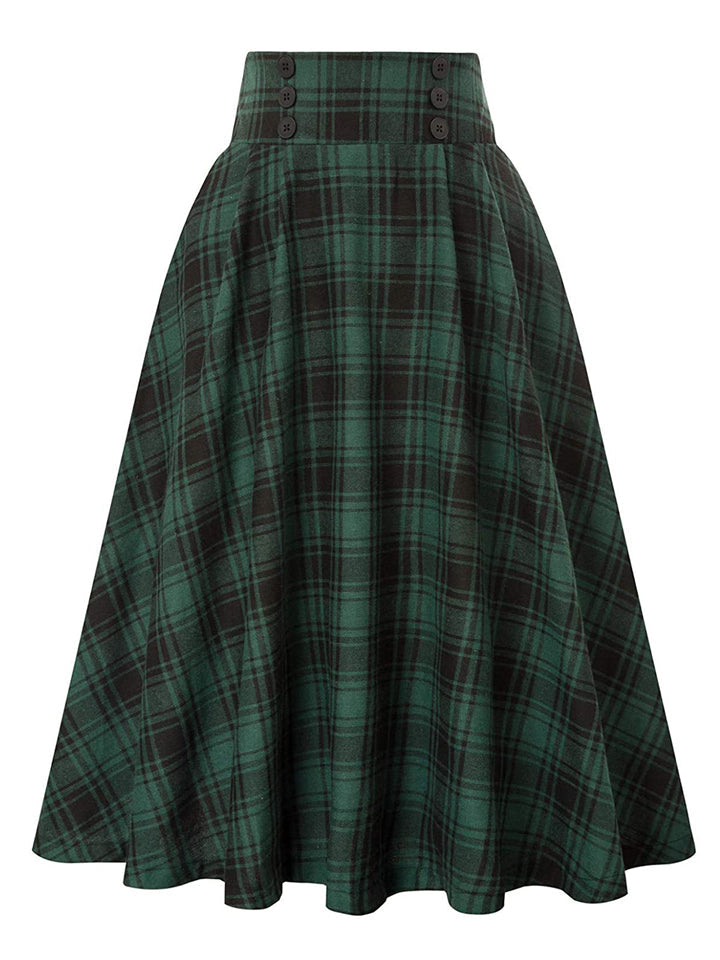 Women's Vintage Autumn High Waist Big Hem Plaid Skirts