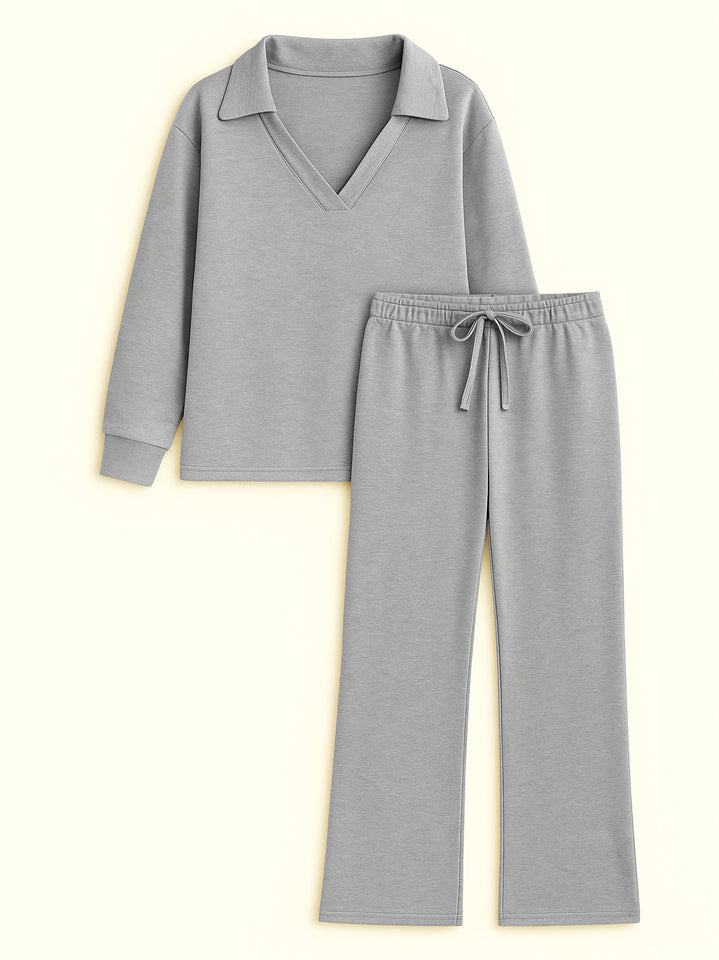 Women's 2Pcs Autumn Casual Solid Color  V Neck Lapel Long Sleeve Outfit