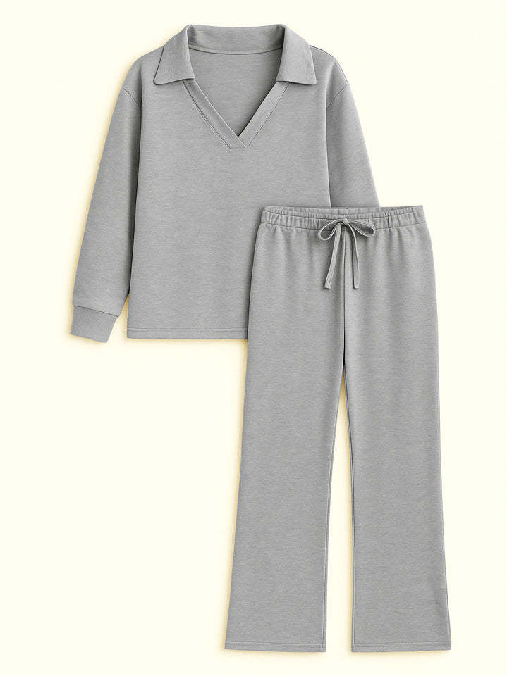 Women's 2Pcs Autumn Casual Solid Color  V Neck Lapel Long Sleeve Outfit