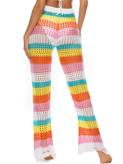 Summer Rainbow Contrast Color Hollow Knitted Beach Pants