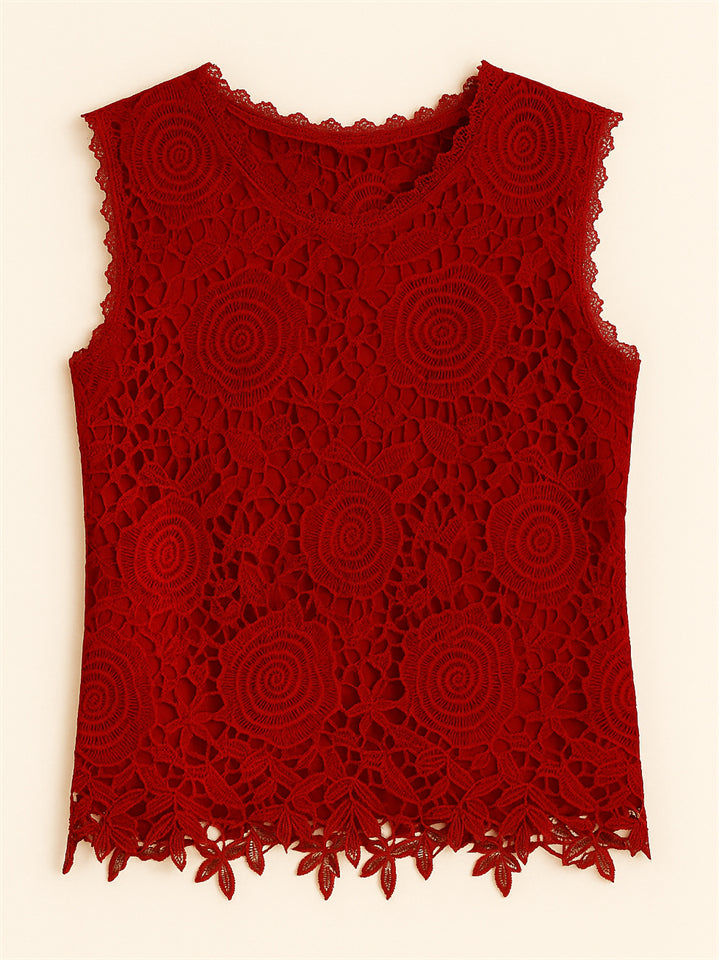 Summer Solid Color Lace Jacquard Sleeveless Tank Shirts