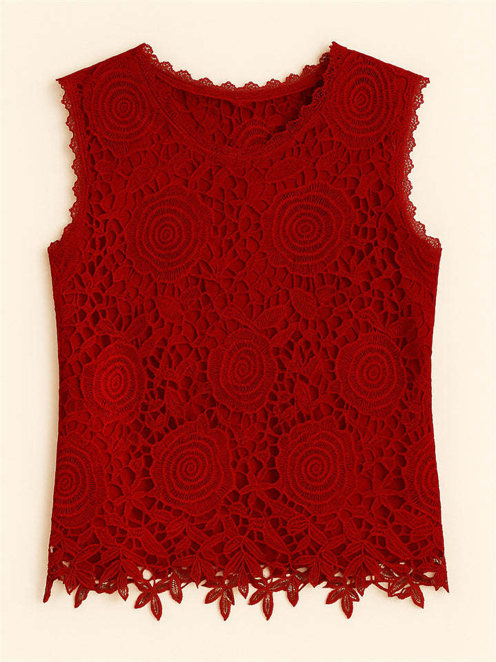 Summer Solid Color Lace Jacquard Sleeveless Tank Shirts