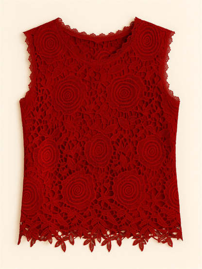 Summer Solid Color Lace Jacquard Sleeveless Tank Shirts