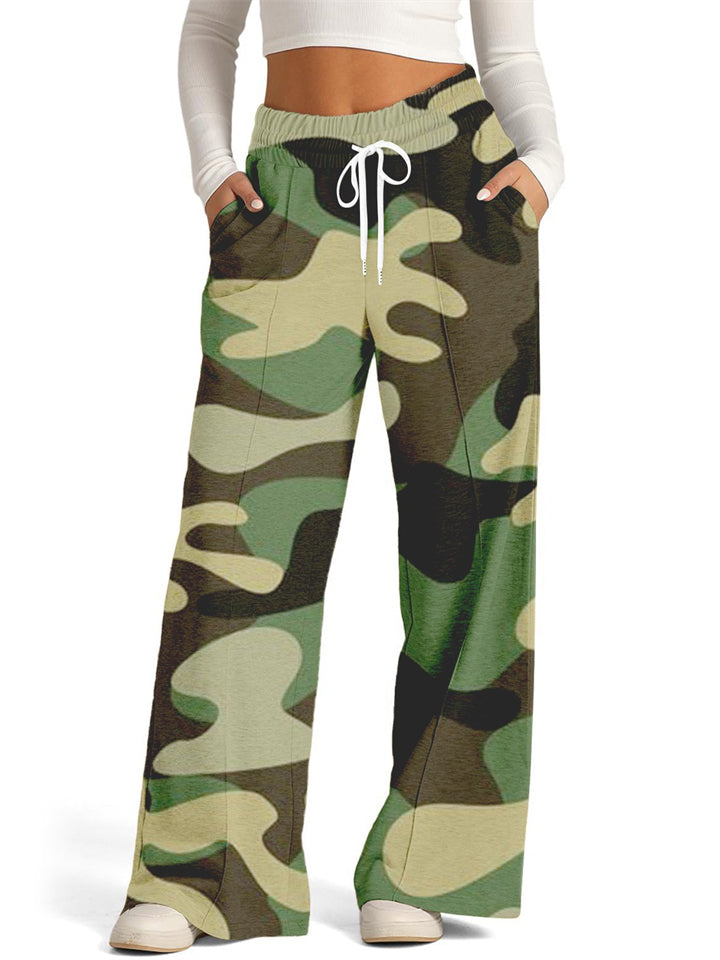 Women's Casual Camouflage Print Drawstring Wide Leg Pants