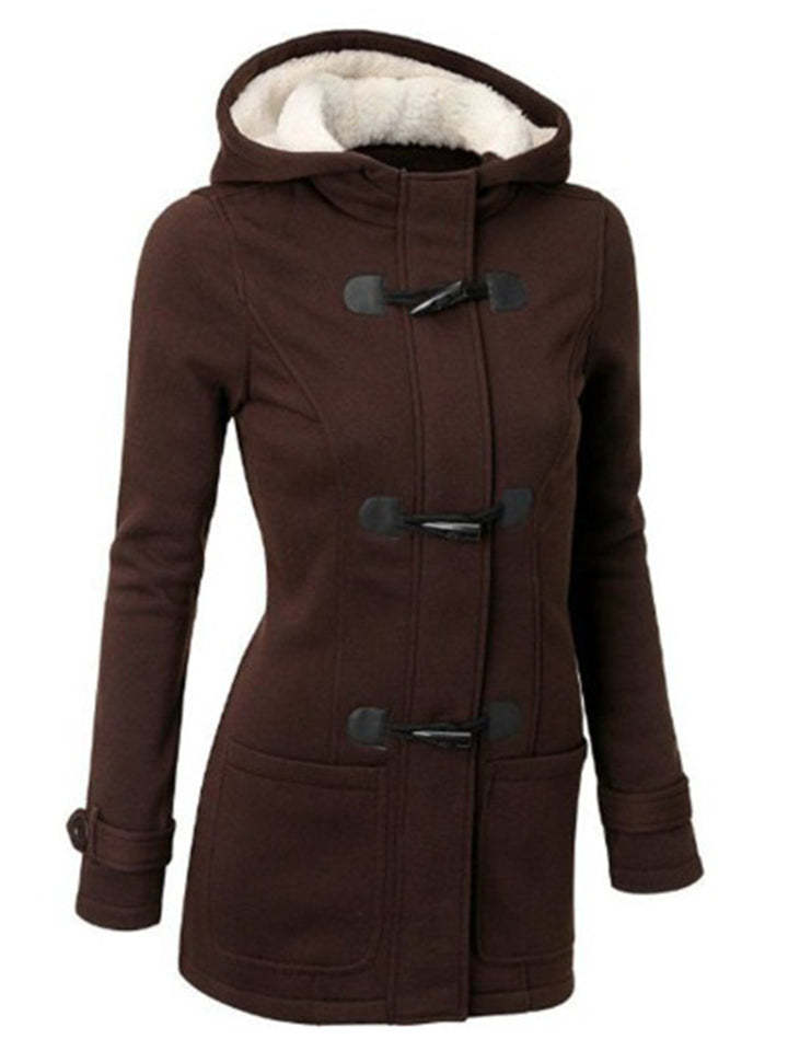 Women's Retro Fleeced Solid Color Horn Buckle Hooded Jackets