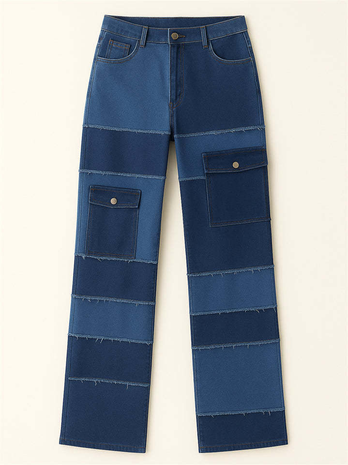 Casual Pockets Contrast Color Patchwork Straight Jeans for Women