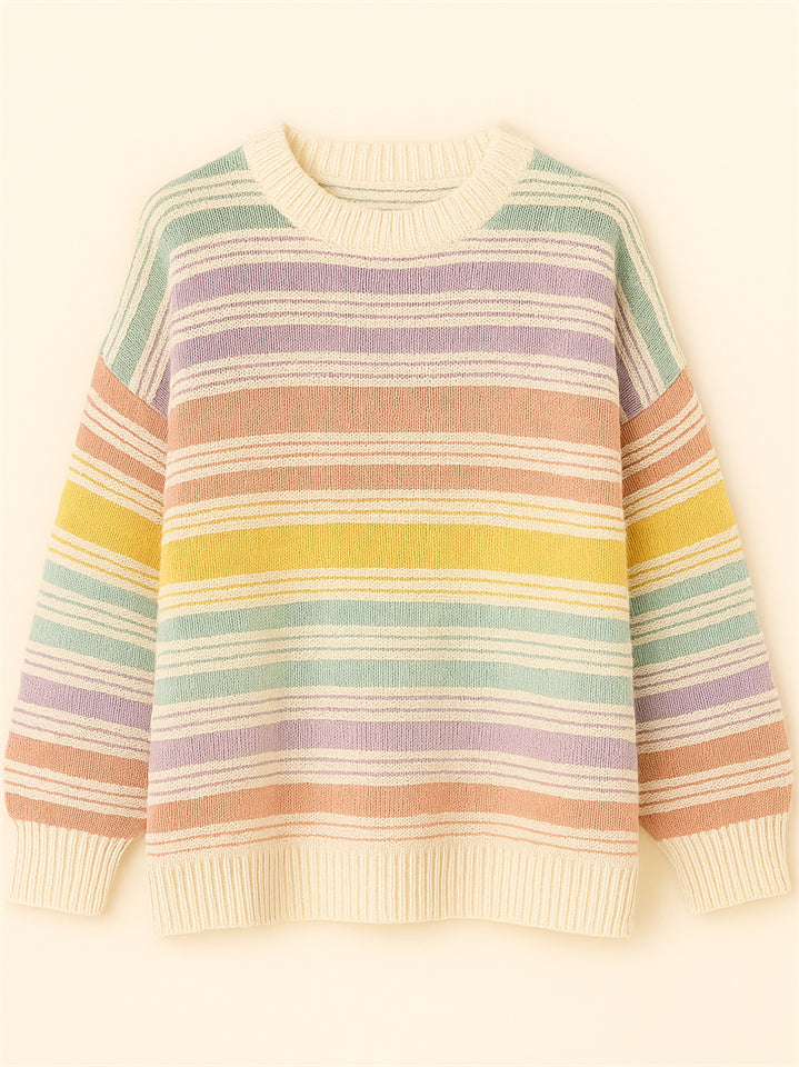 Women's Autumn Rainbow Color Striped Round Neck Sweaters