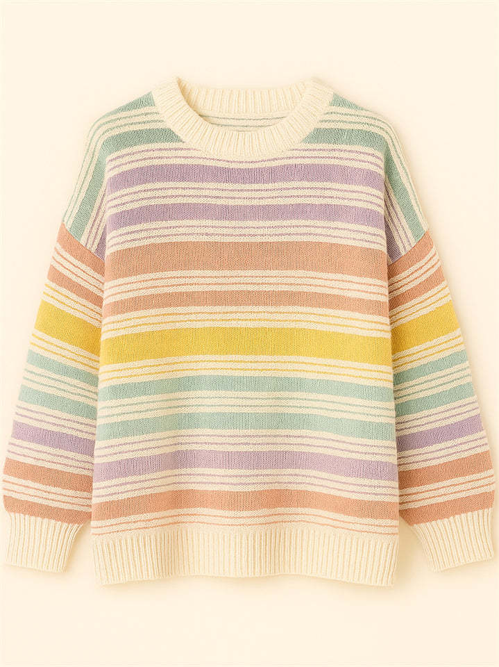 Women's Autumn Rainbow Color Striped Round Neck Sweaters
