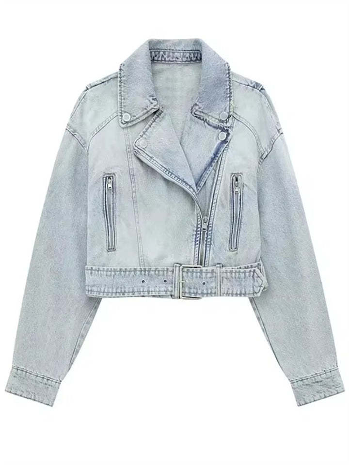 Women's Blue Vintage Zip Up Lapel Short Denim Jackets