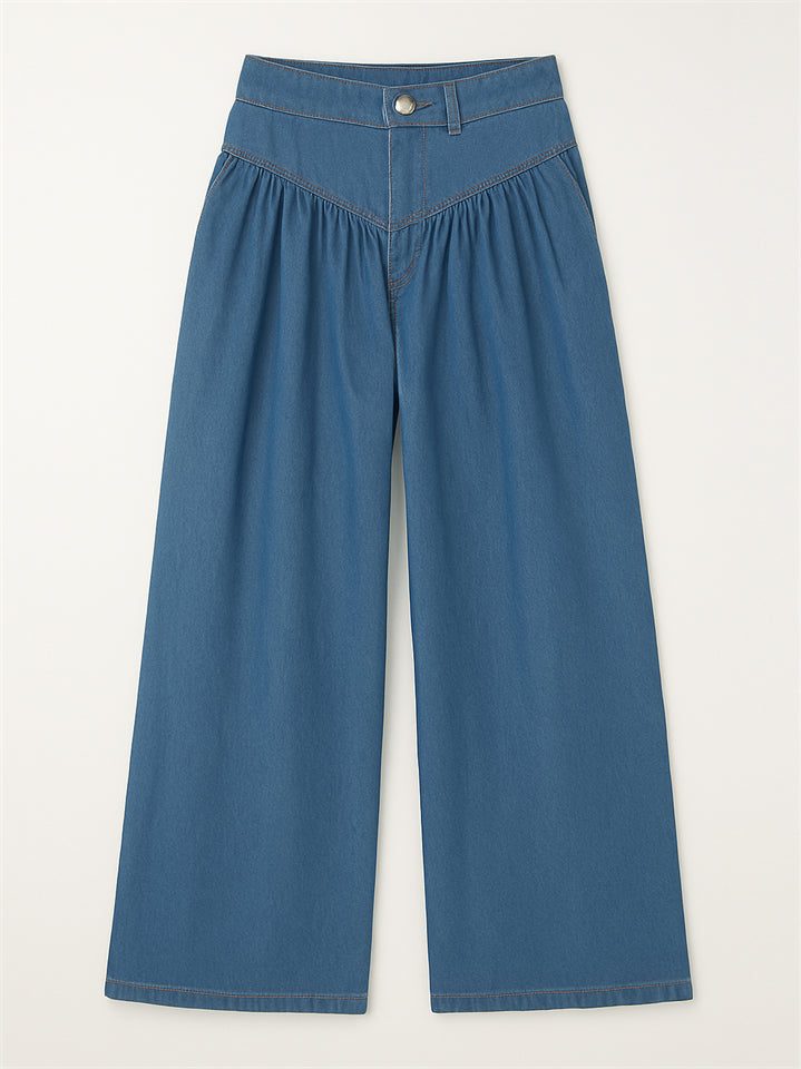 Vintage Blue Solid Color Wide Leg Flared Denim Pants for Women