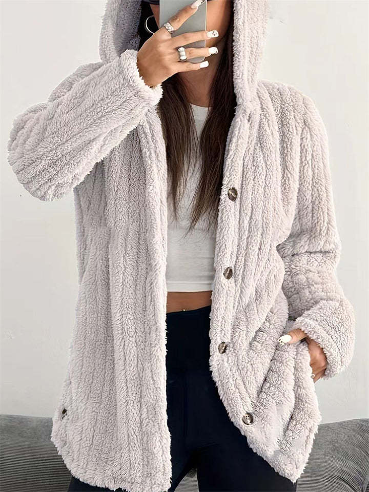 Casual Winter Solid Color Pit Stripe Hooded Fleece Coats