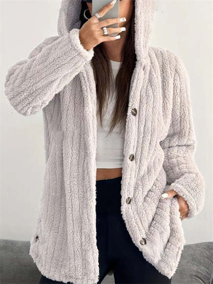 Casual Winter Solid Color Pit Stripe Hooded Fleece Coats