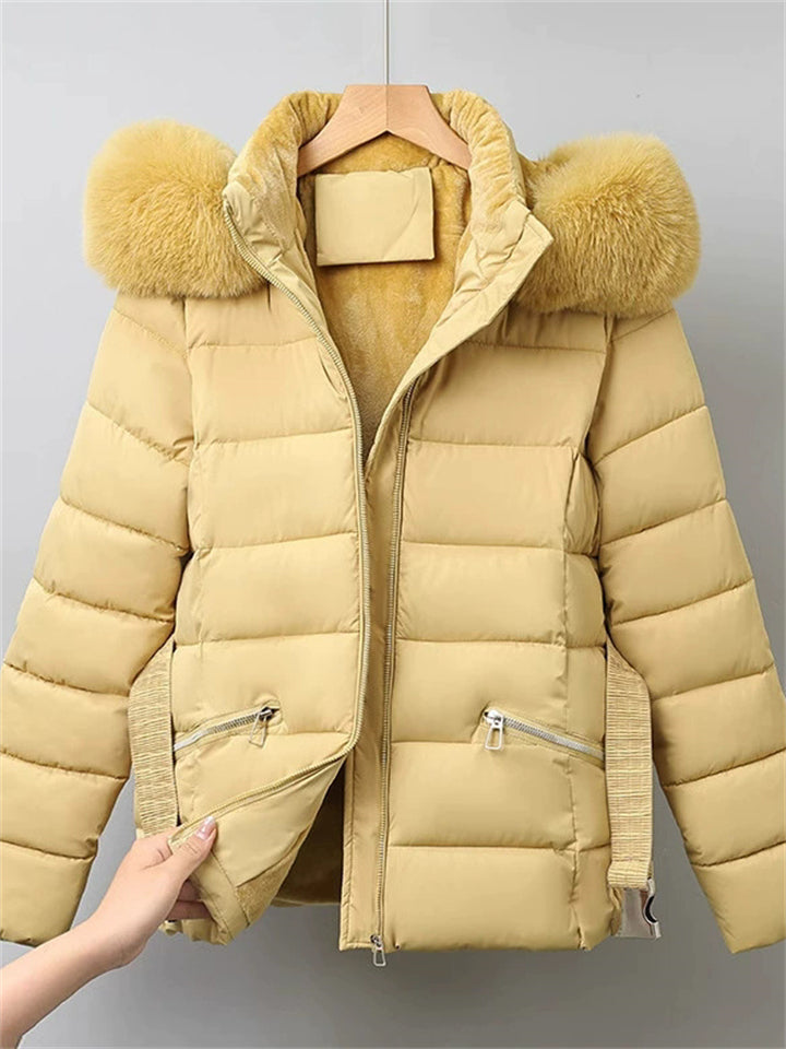 Winter Solid Color Belted Fleeced Coat with Faux Fur Collar