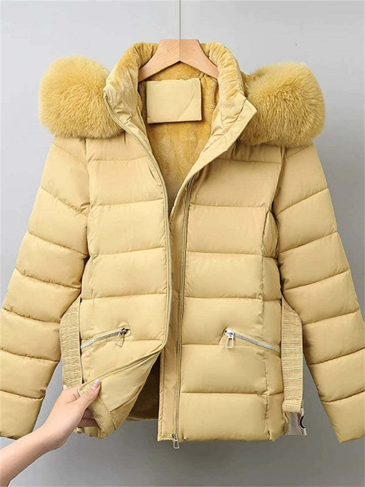 Winter Solid Color Belted Fleeced Coat with Faux Fur Collar