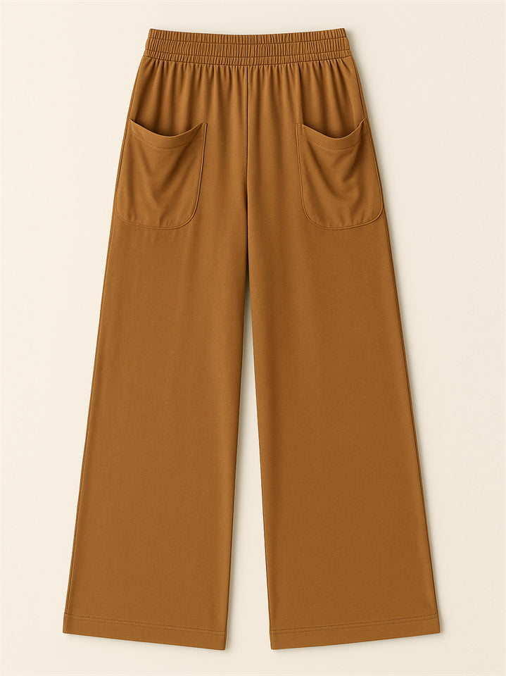 Simple Solid Color Pockets Elastic Hight Waist Wide Leg Pants for Women