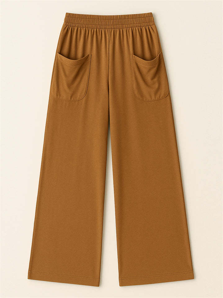 Simple Solid Color Pockets Elastic Hight Waist Wide Leg Pants for Women