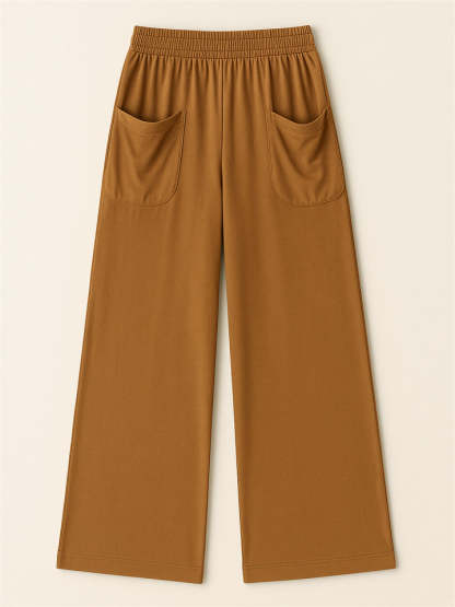 Simple Solid Color Pockets Elastic Hight Waist Wide Leg Pants for Women