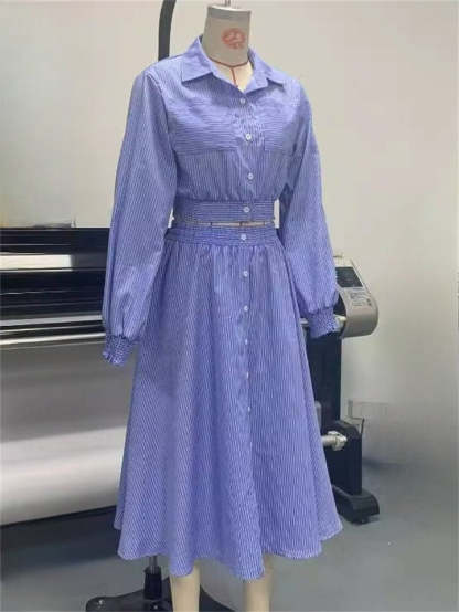 Summer Blue Striped Button Up Long Sleeve Cropped Top & Skirt Set