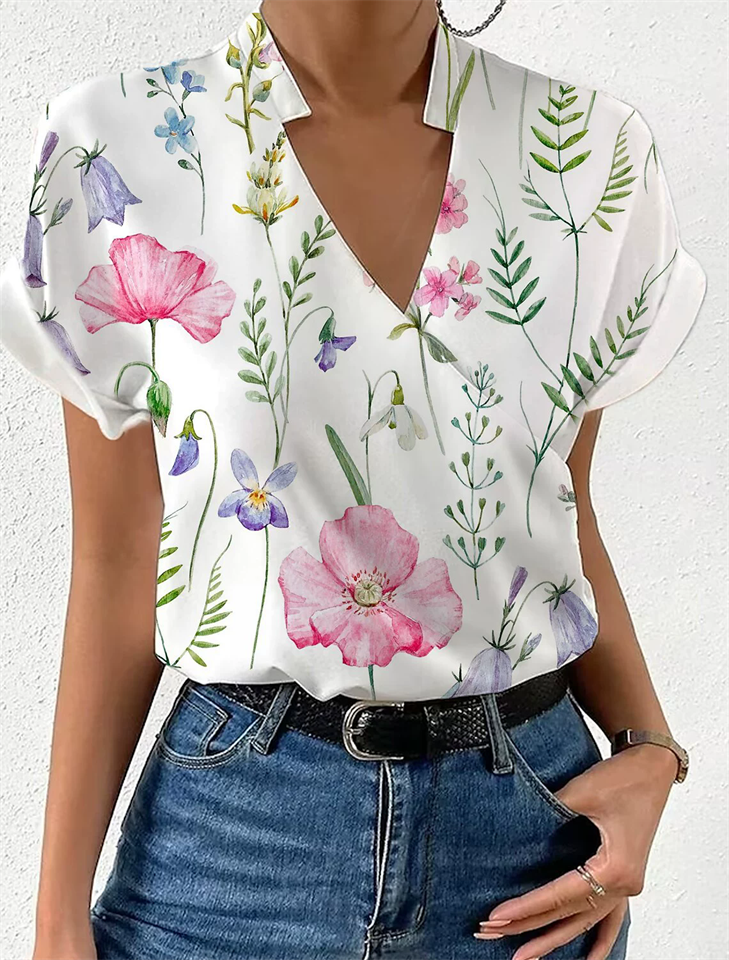Women's Summer Floral Printed Stand Collar V Neck Short Sleeve Shirts