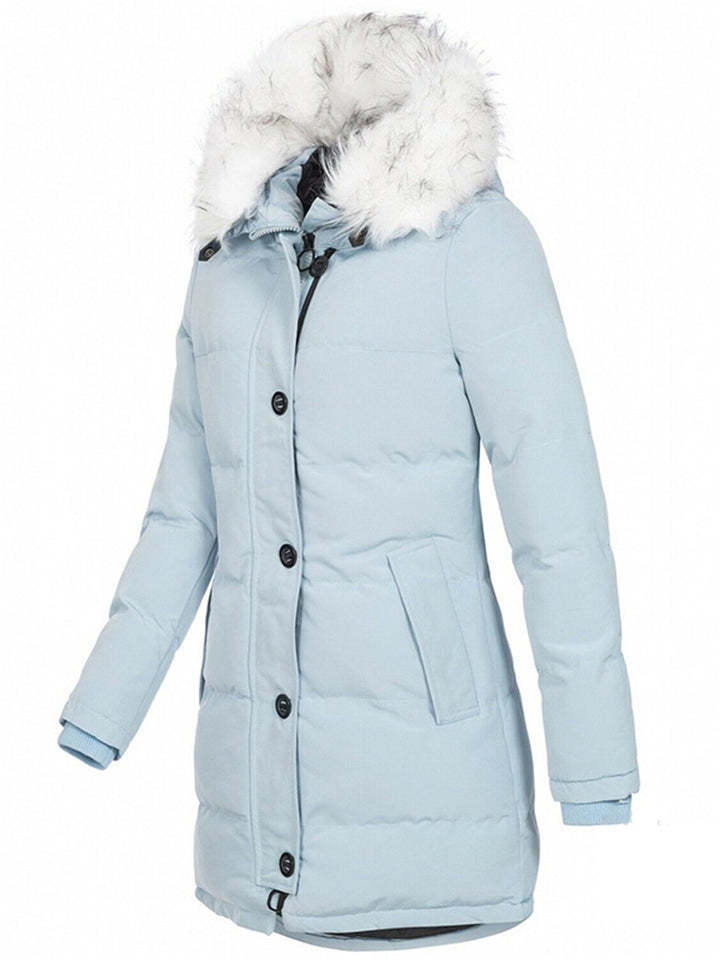Women's Winter Solid Color Mid-Length Padded Coat with Faux Fur Hood