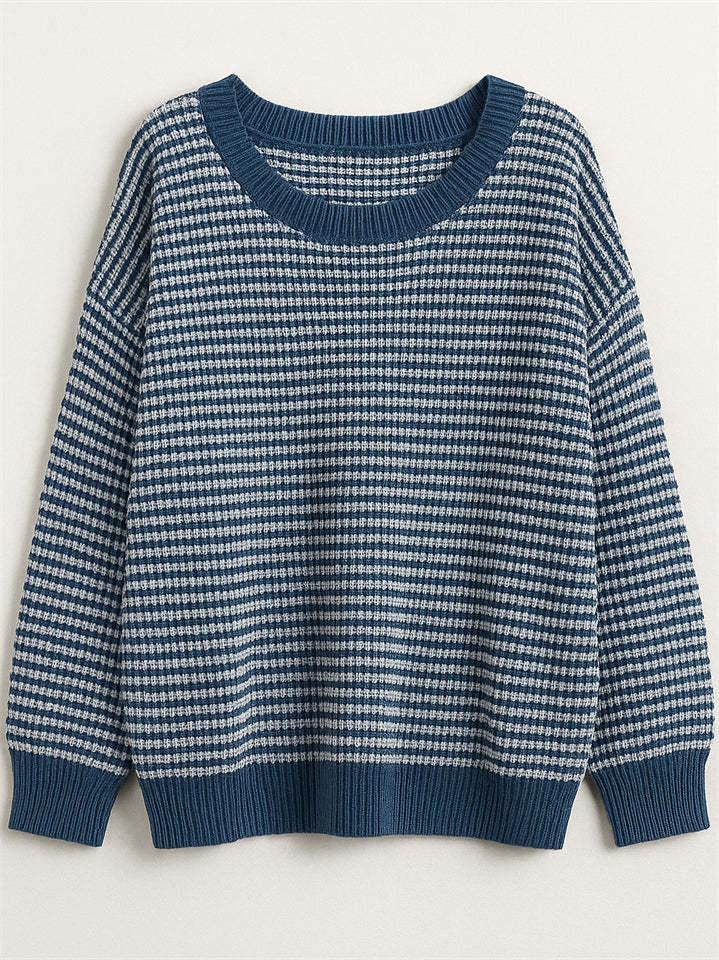 Comfy Autumn Elegant Contrast Color Striped Sabrina Collar Sweaters
