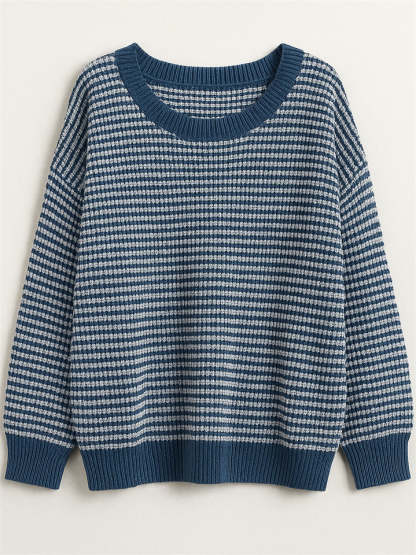 Comfy Autumn Elegant Contrast Color Striped Sabrina Collar Sweaters