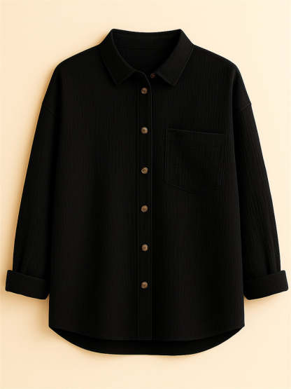 Women's Caual Candy Color Texture Button Up Long Sleeve Blouse