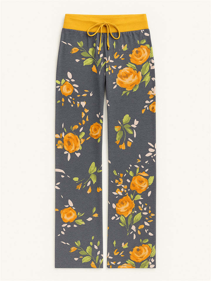 Women's Casual Floral Printed Drawstring Wide-Leg Pants