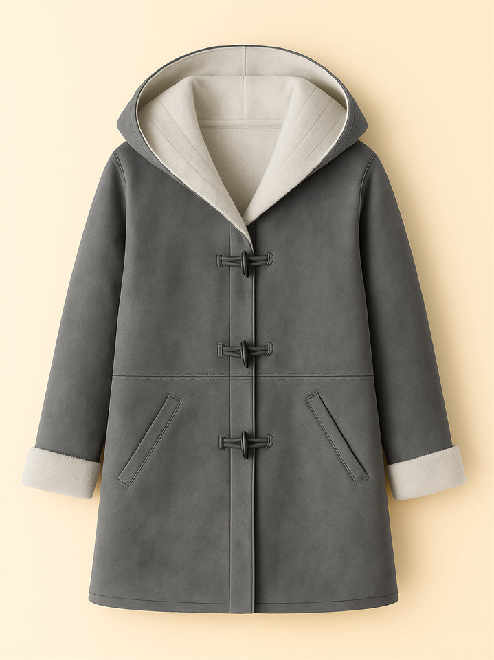 Autumn Simple Solid Color Fleece Lining Horn Buckle Hooded Coats