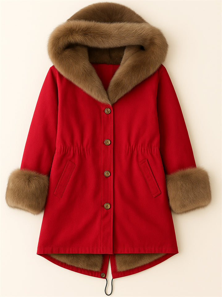 Women's Thicken Button Up Mid-Length Faux Fur Trim Hooded Coat