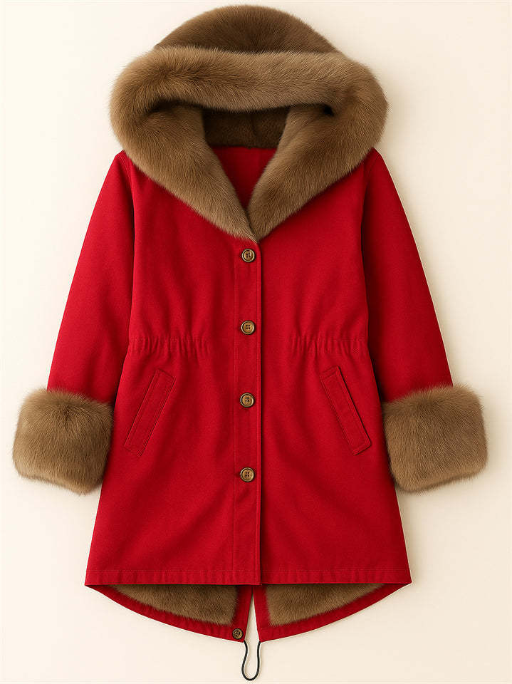 Women's Thicken Button Up Mid-Length Faux Fur Trim Hooded Coat