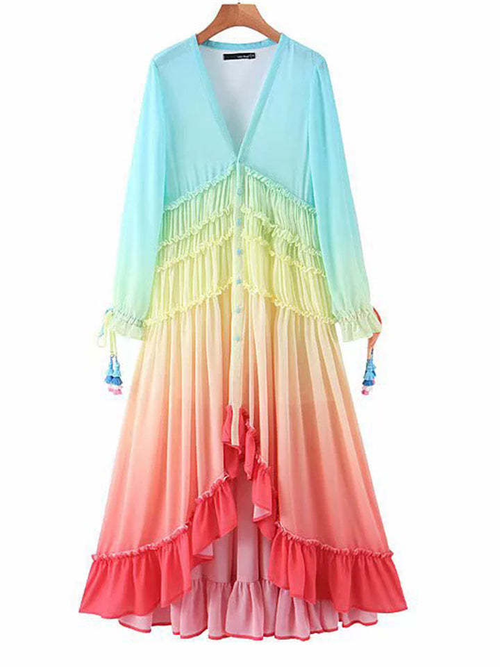 Women's Holiday Style V-Neck Gradient Color Elegant Maxi Dress