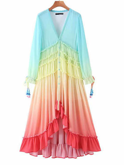 Women's Holiday Style V-Neck Gradient Color Elegant Maxi Dress