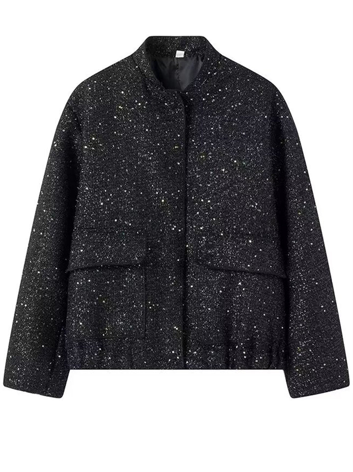 Trendy Bling Sequined Button Up Stand Collar Coat with Pockets