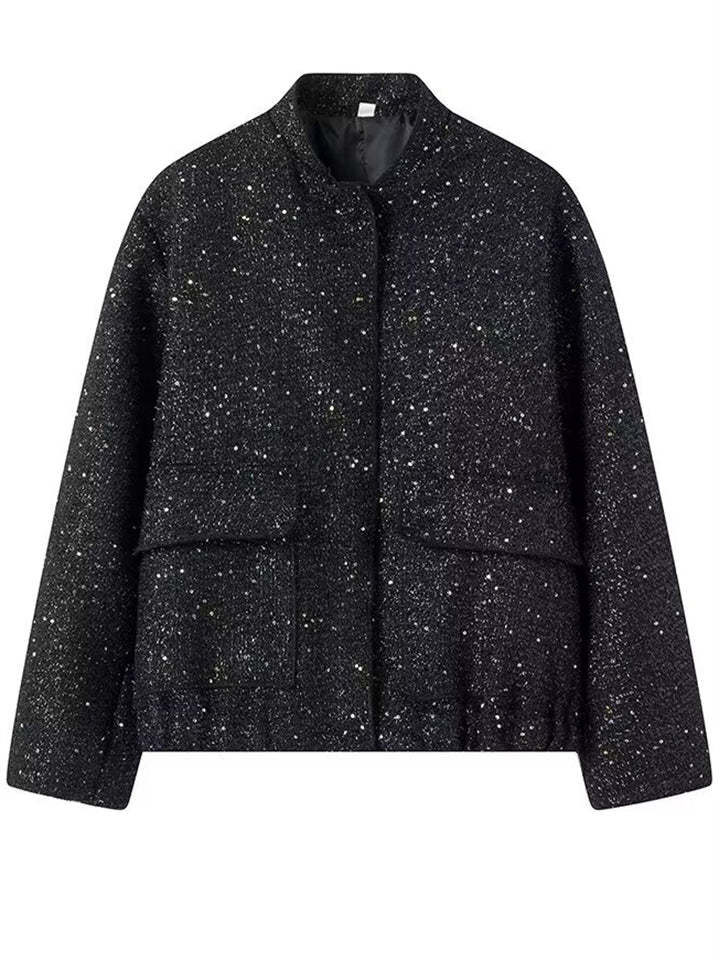 Trendy Bling Sequined Button Up Stand Collar Coat with Pockets