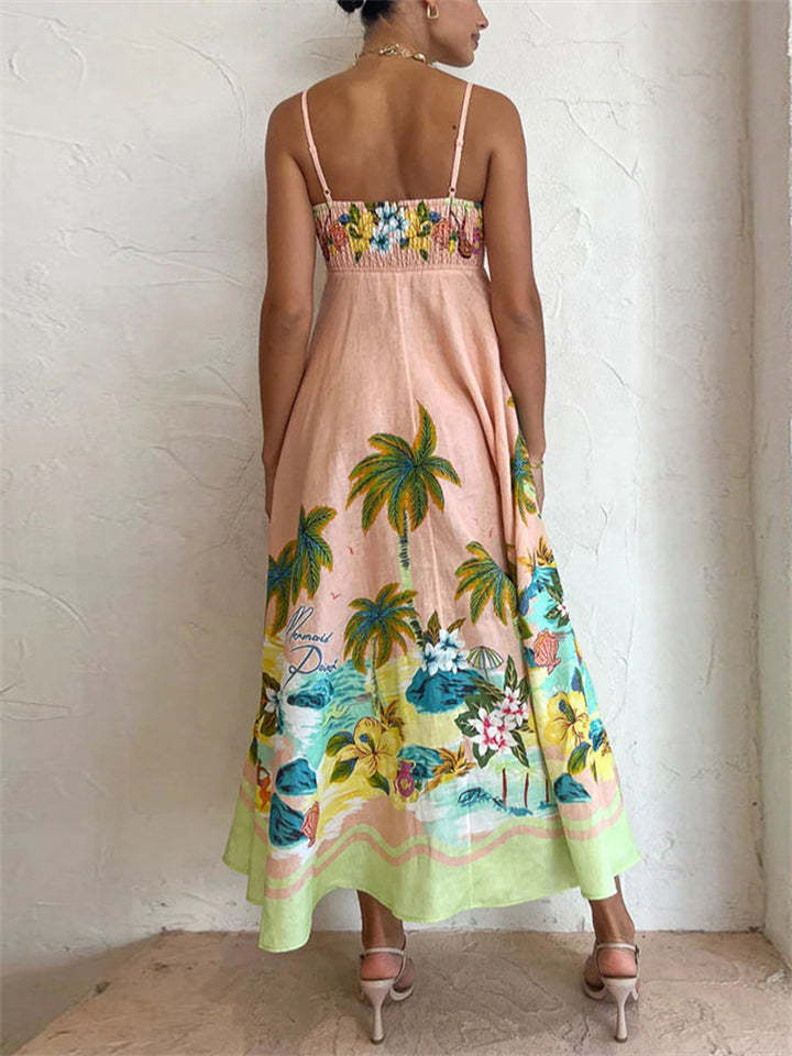 Ladies' Summer Coconut Tree Printed High Waist Strappy Beach Dress