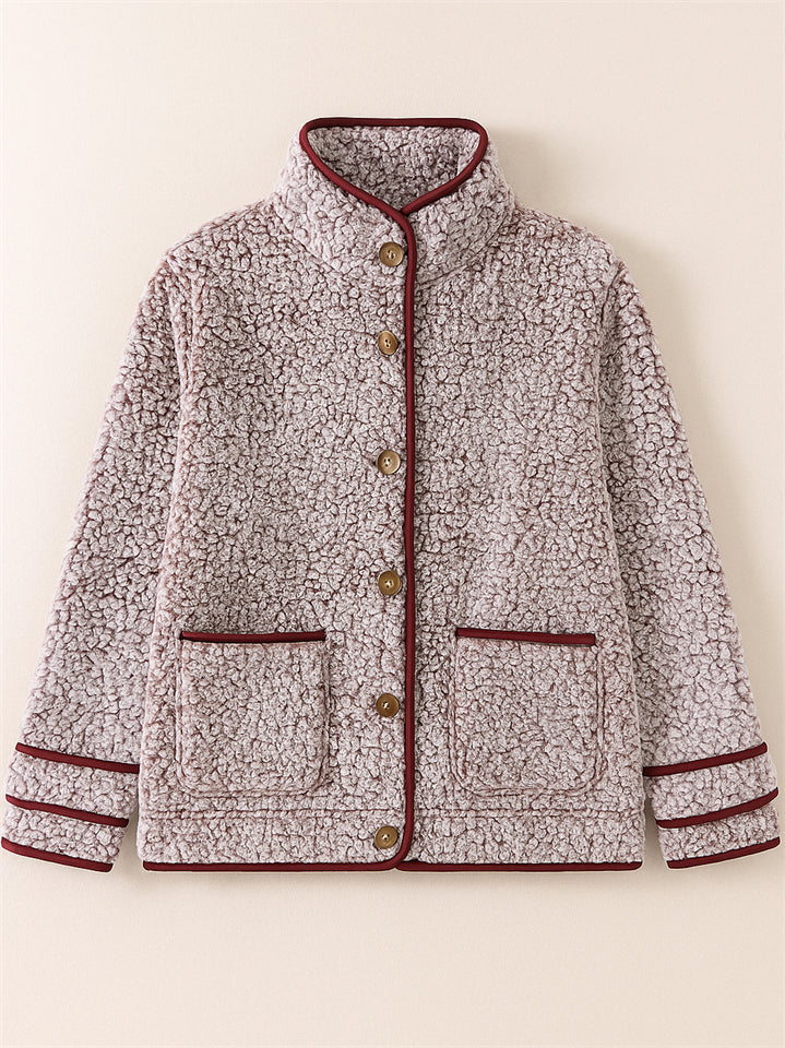Casual Autumn Contrast Trim Single Breasted Lapel Fleece Coats