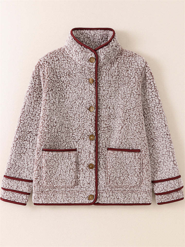 Casual Autumn Contrast Trim Single Breasted Lapel Fleece Coats
